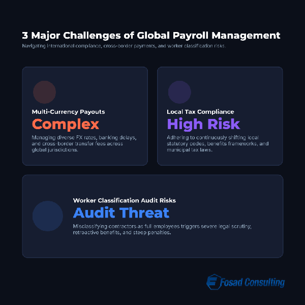 The 3 major challenges of global payroll management: multi-currency payouts, local tax compliance, and worker classification audit risks.