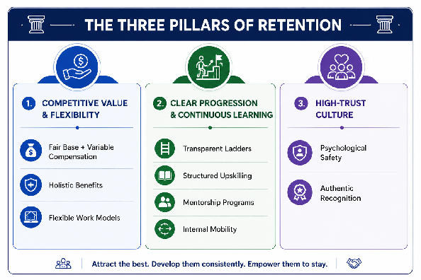 The three pillars of retention: competitive value and flexibility, clear progression and continuous learning, and a high-trust culture. Attract the best, develop them consistently, and empower them to stay.